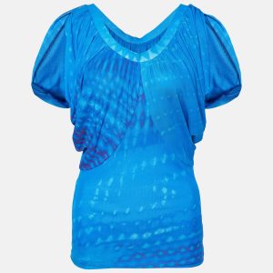 Roberto Cavalli Blue Printed Jersey Draped Sleeve Top S, Shirts & Tops - Luxury Closet