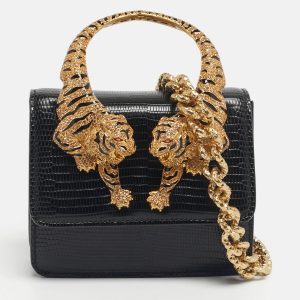 Roberto Cavalli Black Lizard Embossed Leather Small Roar Top Handle Bag, Handbags - Luxury Closet catalog