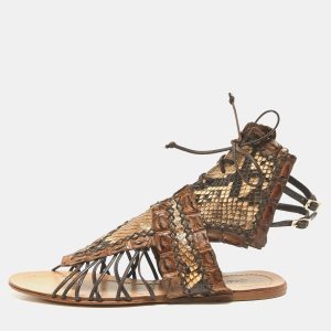 Roberto Cavalli Brown Crocodile and Python Leather Lace Up  Sandals Size 36, Sandals - Luxury Closet