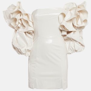 ROTATE BIRGER CHRISTENSEN Cream Faux Leather Bethany Off-Shoulder Vinyl Dress S, Dresses - Luxury Closet catalog