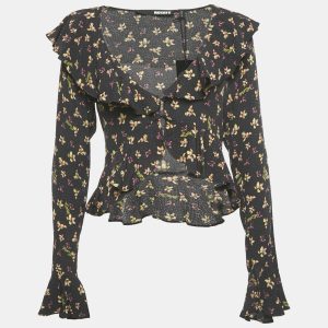 ROTATE Birger Christensen Black Floral Crepe Frill Blouse S, Shirts & Tops - Luxury Closet