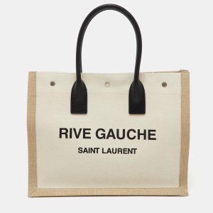 Saint Laurent Beige/Black Canvas and Leather Small Rive Gauche Tote, Tote Handbags - Luxury Closet catalog