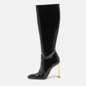 Saint Laurent Black Glazed Leather Auteuil Knee Length Boots Size 40, Boots - Luxury Closet catalog