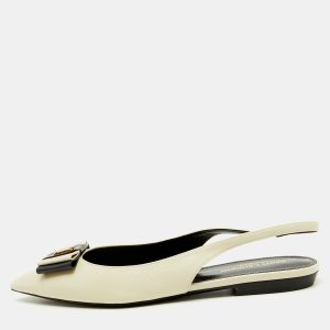 Saint Laurent White/Navy Blue Leather Anais Slingback Flats Size 37, Flats - Luxury Closet catalog