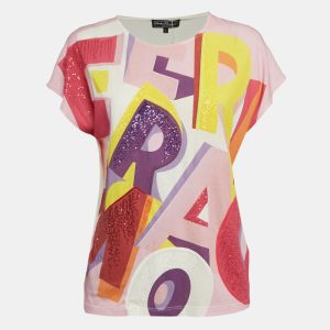 Salvatore Ferragamo Pink Printed Jersey Sequin Detail T-Shirt S, Shirts & Tops - Luxury Closet catalog