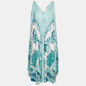 Salvatore Ferragamo Blue Floral Print Satin Plisse Midi Dress M, Dresses - Luxury Closet