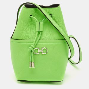 Salvatore Ferragamo Green Leather Mini Gancini Drawstring Bucket Bag, Shoulder Bags - Luxury Closet catalog