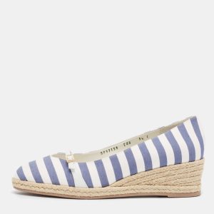Salvatore Ferragamo Blue/White Striped Fabric Audrey Wedge Espadrille Pumps Size 40, Pumps - Luxury Closet