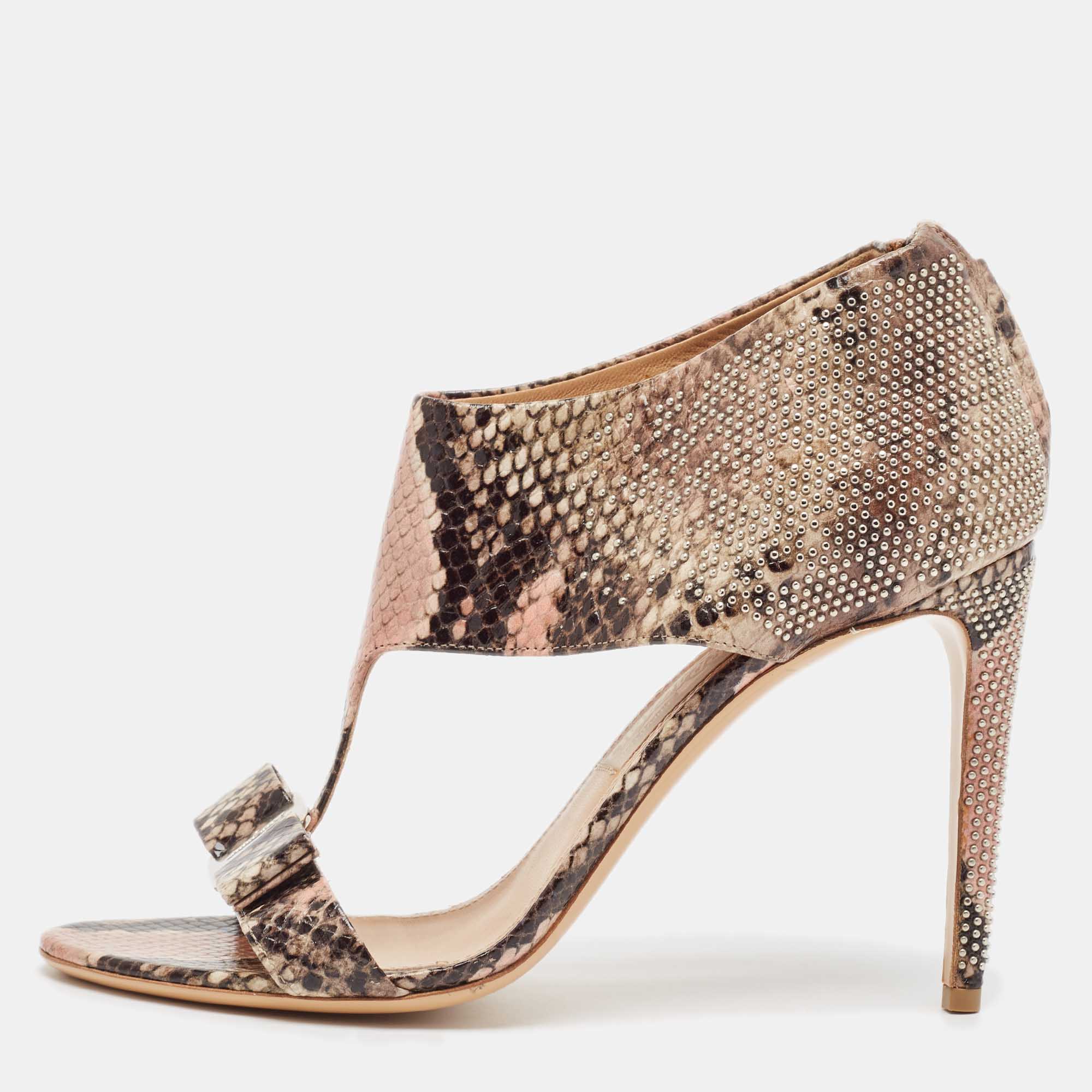 Salvatore Ferragamo Multicolor Snakeskin Embossed Leather T-Strap Sandals Size 40.5, Sandals - Luxury Closet