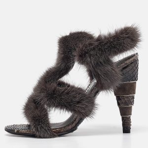 Salvatore Ferragamo Grey Fur Python Leather Ankle Strap Sandals 36.5, Sandals - Luxury Closet catalog