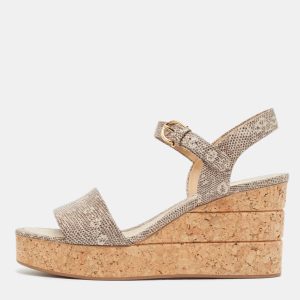 Salvatore Ferragamo Brown Lizard Embossed Leather Madea Wedge Sandals Size 39.5, Sandals - Luxury Closet
