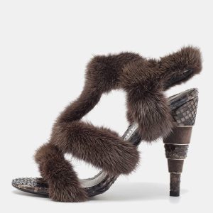 Salvatore Ferragamo Size 38.5 Brown Fur and Python Leather Ankle Strap Sandals, Sandals - Luxury Closet