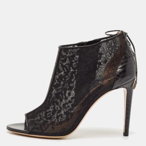 Salvatore Ferragamo Black Lace and Watersnake Open Toe Booties Size 38, Boots - Luxury Closet catalog