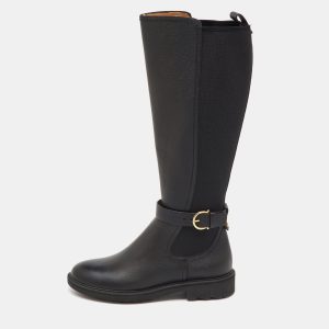 Salvatore Ferragamo Black Leather and Stretch Fabric Furseo Knee Length Boots Size 36.5, Boots - Luxury Closet catalog