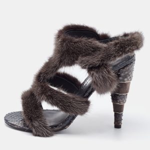 Salvatore Ferragamo Brown Mink Fur and Python Leather Cage Sandals Size 39, Sandals - Luxury Closet