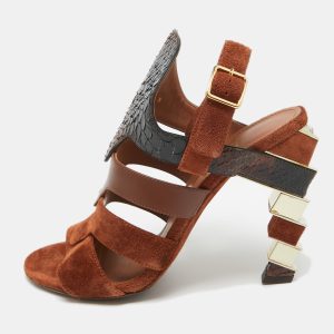 Salvatore Ferragamo Brown Suede and Python Laos Slingback Sandals Size 37.5, Sandals - Luxury Closet
