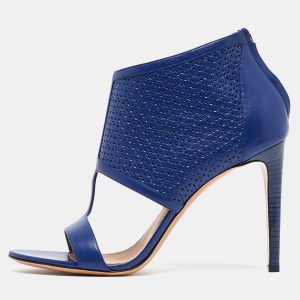 Salvatore Ferragamo Blue Perforated Leather Pacella Open-Toe Booties Size 40, Boots - Luxury Closet