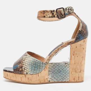 Salvatore Ferragamo Multicolor Python Embossed Ankle Strap Wedge Sandals Size 38, Sandals - Luxury Closet