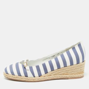 Salvatore Ferragamo Blue/White Striped Fabric Audrey Wedge Espadrille Pumps Size 40.5, Pumps - Luxury Closet catalog