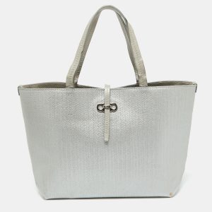 Salvatore Ferragamo Light Grey Embossed Leather Bice Tote, Tote Handbags - Luxury Closet catalog