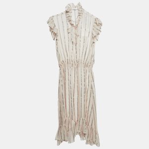 Sandro Pink Stripe Silk Ruffled Midi Dress L, Dresses - Luxury Closet