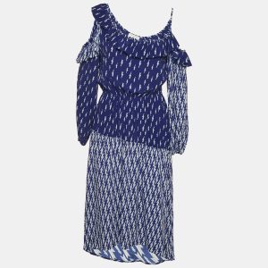 Sandro Blue Lightning Bolt Print Crepe Cold-Shoulder Midi Dress M, Dresses - Luxury Closet