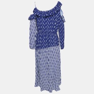 Sandro Blue Lighting Print Crepe Ruffled Cold Shoulder Midi Dress L, Dresses - Luxury Closet