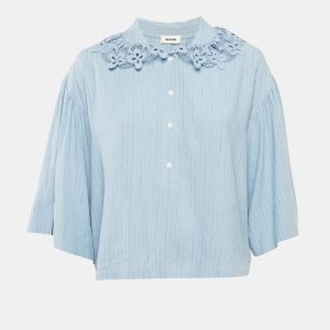 Sandro Blue Striped Linen Blend Lace Collar Tim Top L, Shirts & Tops - Luxury Closet catalog