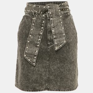 Sandro Black Denim Stud Detail Belted Mini Skirt S, Skirts - Luxury Closet