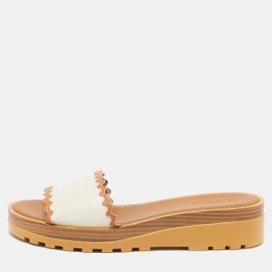 See by Chloe Off White/Tan Leather Platform Slide Sandals Size 42, Sandals - Luxury Closet