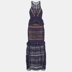 Self-Portrait Navy Blue Teardrop Guipure Lace Paneled Maxi Dress M, Dresses - Luxury Closet