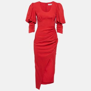 Self-Portrait Red Stretch Crepe Ruched Midi Dress S, Dresses - Luxury Closet