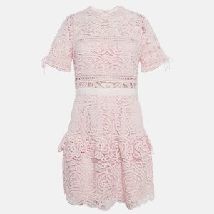 Self-Portrait Pink Abstract Guipure Lace Ruffled Mini Dress S, Dresses - Luxury Closet catalog
