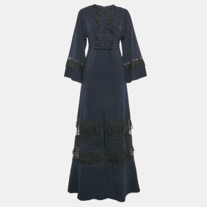 Self-Portrait Navy Blue Crepe Lace Trimmed Maxi Dress S, Dresses - Luxury Closet