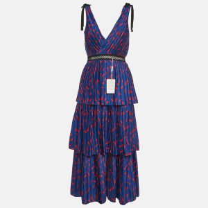 Self-Portrait Blue Printed Pliss&eacute; Satin Tiered Midi Dress S, Dresses - Luxury Closet catalog