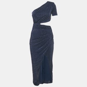 Self-Portrait Navy Blue Rhinestone Embellish Jersey One-Shoulder Midi Dress S, Dresses - Luxury Closet catalog