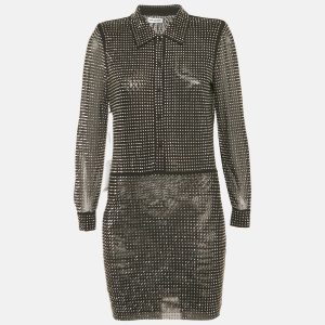 Self-Portrait Black Rhinestone Stretch Tulle Mini Shirt Dress S, Dresses - Luxury Closet catalog