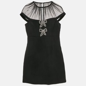 Self-Portrait Black Bow Embellished Gabardine Crepe Mini Dress S, Dresses - Luxury Closet catalog