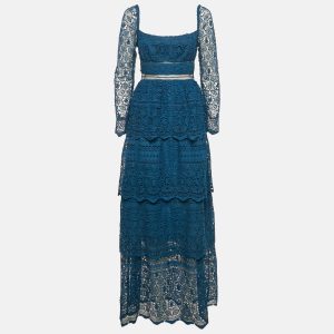 Self-Portrait Blue Petrol Lace Guipure Tiered Maxi Dress S, Dresses - Luxury Closet catalog