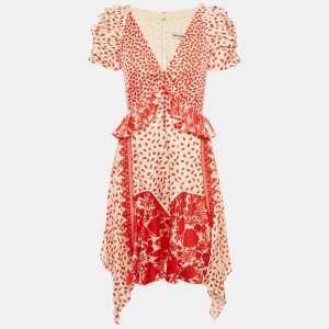 Self-Portrait Beige/Red Printed Satin Handkerchief Dress S, Dresses - Luxury Closet