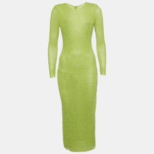Self-Portrait Green Studded Mesh Long Sleeve Midi Dress S, Dresses - Luxury Closet