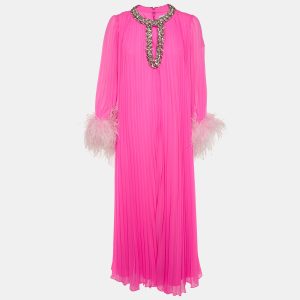 SELF-PORTRAIT Pink Plisse Embellished Feather Maxi Dress S, Dresses - Luxury Closet