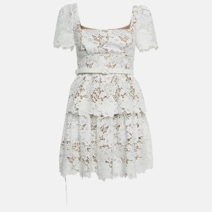 Self-Portrait White Floral Lace Tiered Mini Dress S, Dresses - Luxury Closet catalog
