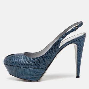 Sergio Rossi Blue Iguana Embossed Leather Platform Slingback Pumps Size 39.5, Pumps - Luxury Closet