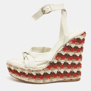 Sergio Rossi Cream Leather And Fabric Platform Wedge Knotted Ankle Strap Sandals Size 36, Sandals - Luxury Closet