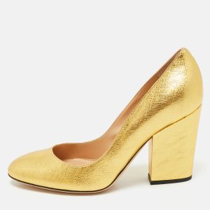Sergio Rossi Gold Textured Leather Round Toe Pumps Size 36.5, Pumps - Luxury Closet