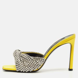 Sergio Rossi Yellow Satin Evangelie Crystal Embellished  Slide Sandals Size 38, Sandals - Luxury Closet