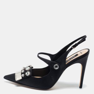Sergio Rossi Black Satin Embellished Slingback Sandals Size 40, Sandals - Luxury Closet