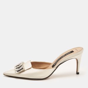 Sergio Rossi Off White Satin Crystal Embellished Mules Size 38.5, Sandals - Luxury Closet catalog
