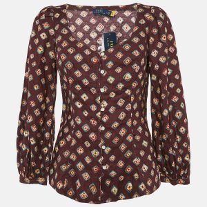 Polo Ralph Lauren Burgundy Printed Linen Blouse S, Shirts & Tops - Luxury Closet